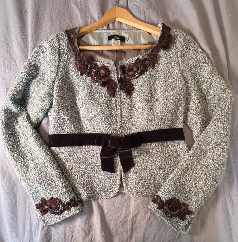Rickie Freeman Teri Jon S Wool Tweed Jacket Beaded Embroidered Velvet Belt Vtg